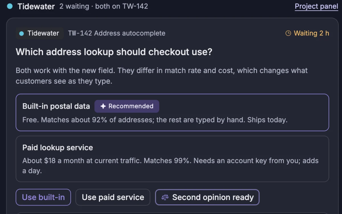 Decision card with recommendations