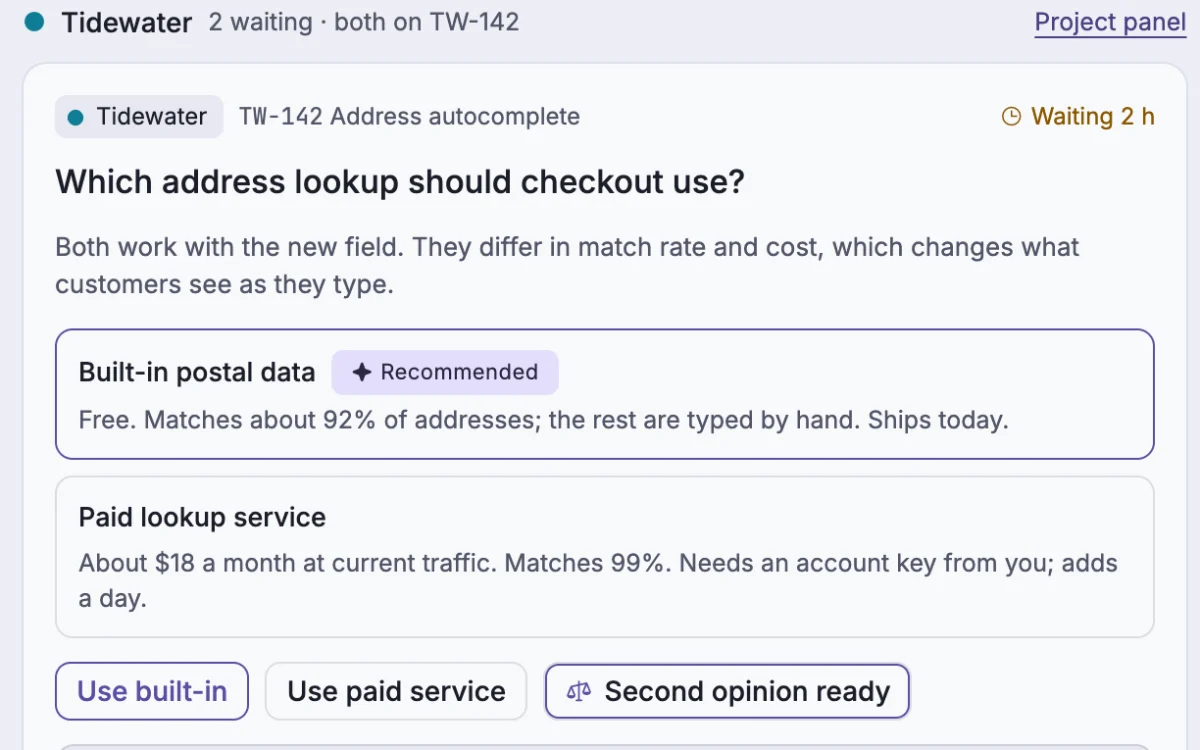 Decision card with recommendations